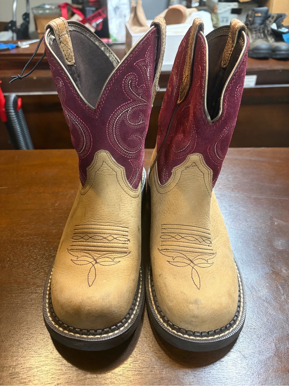 Ariat Two-Tone Lace Up Western Boots - Tan & Burgundy